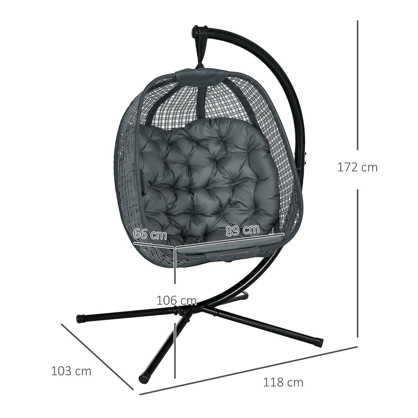 Outsunny Outdoor Swing Chair w/ Thick Padded Cushion, Patio Hanging Chair w/ Metal Stand, Foldable Basket, Cup Holder, Dark Grey - ALL4U RETAILER LTD