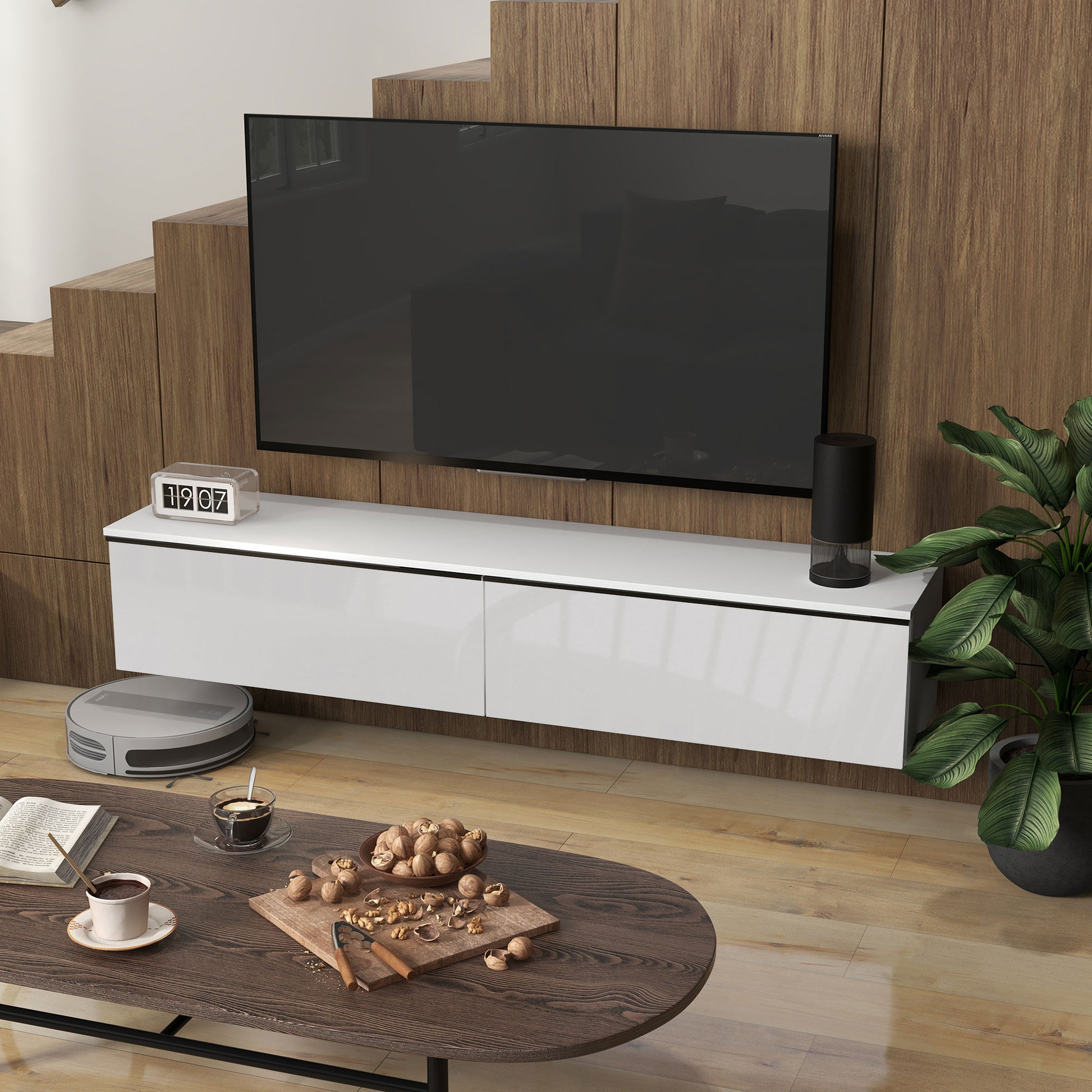 HOMCOM Sleek White Wall-Mounted Floating TV Stand for 70" TVs with Storage Cabinets, 160cm High Gloss Design - ALL4U RETAILER LTD