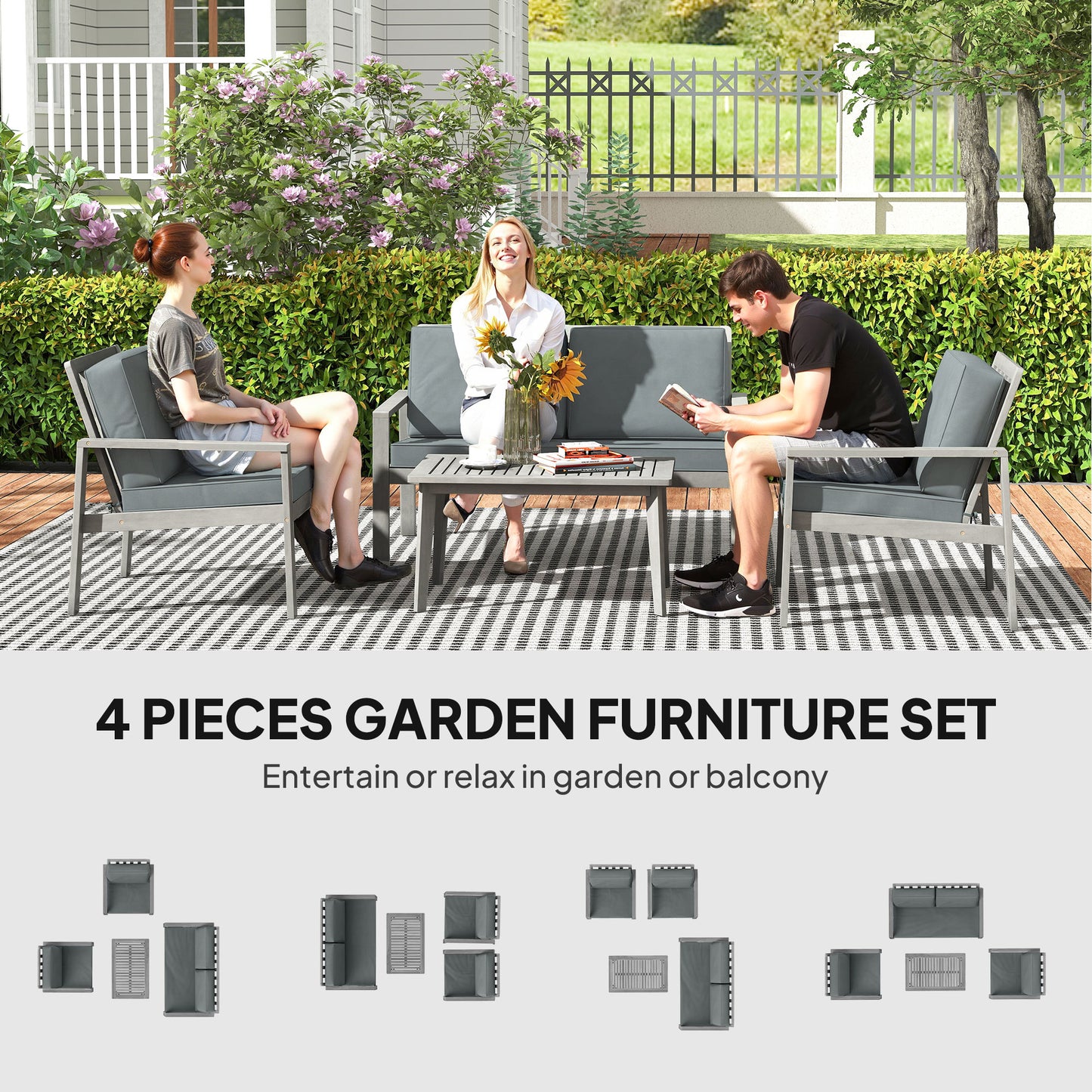 Outsunny 4 Piece Wooden Garden Furniture Set With Cushions In Light Grey For Patio