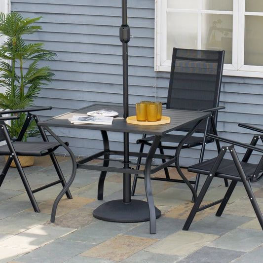 Outsunny 94 x 94 cm Garden Table with Parasol Hole - Outdoor Dining Table for Four with Slatted Metal Plate Top, Black Finish