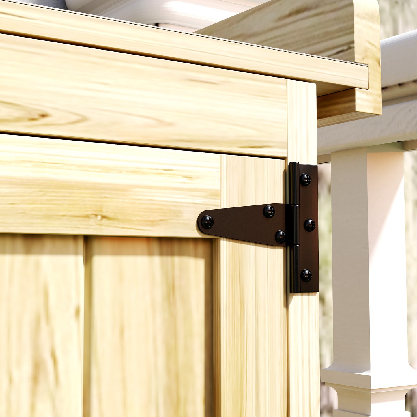 Outsunny Fir Wood Shed With Metal Worktop And Easy Open Hinged Roof 43 x 74cm Natural Finish