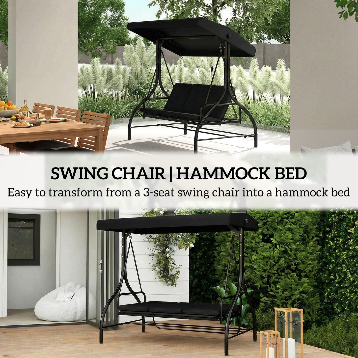 Outsunny 3 Seater Canopy Swing Chair With Adjustable Canopy And Metal Frame Black 2 In 1 Garden Swing Seat Bed