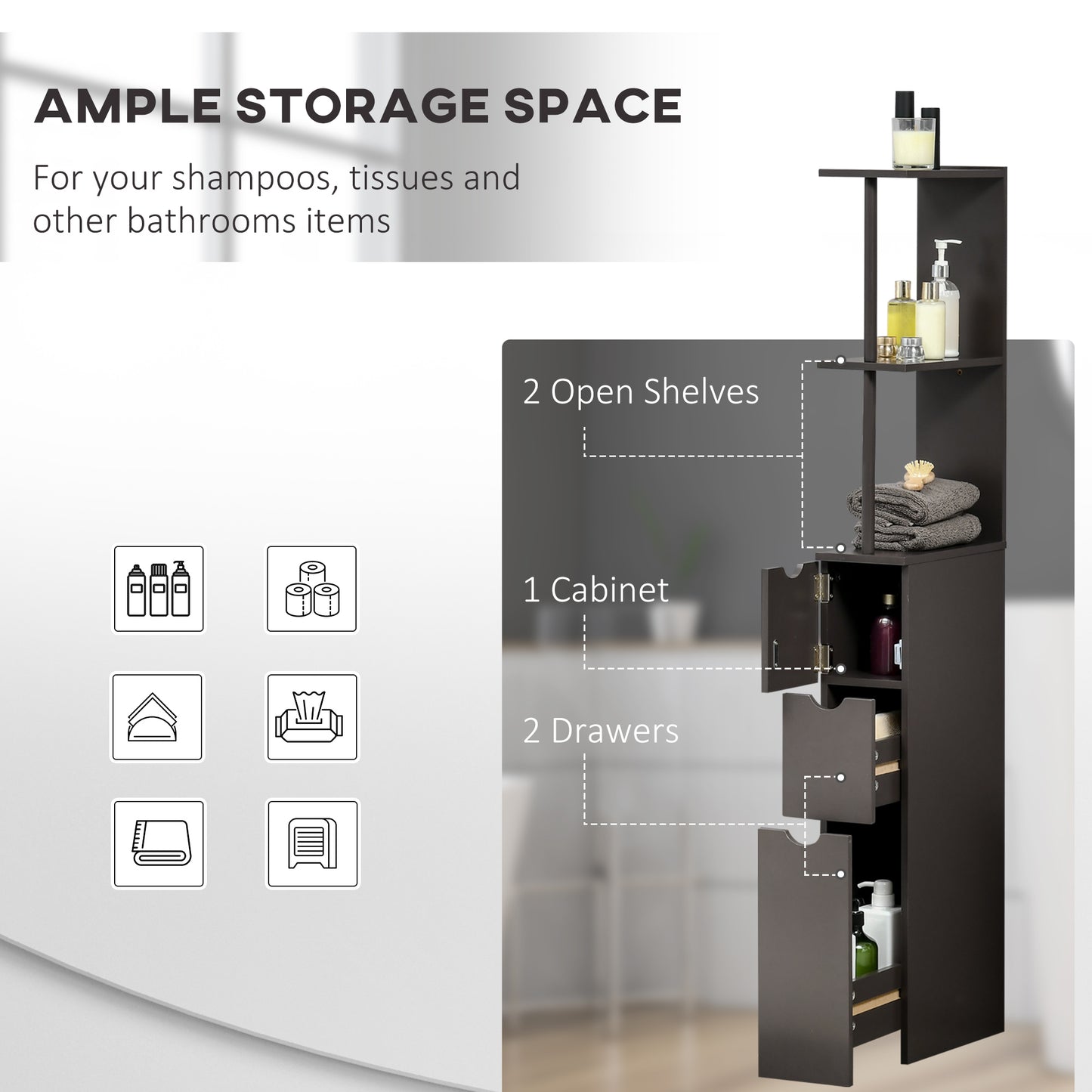 HOMCOM Tall Bathroom Cabinet, Freestanding Slim Bathroom Storage Cabinet with 2-Tier Open Shelf and 2 Drawers for Small Sapce, Narrow Cupboard Storage Unit, Brown