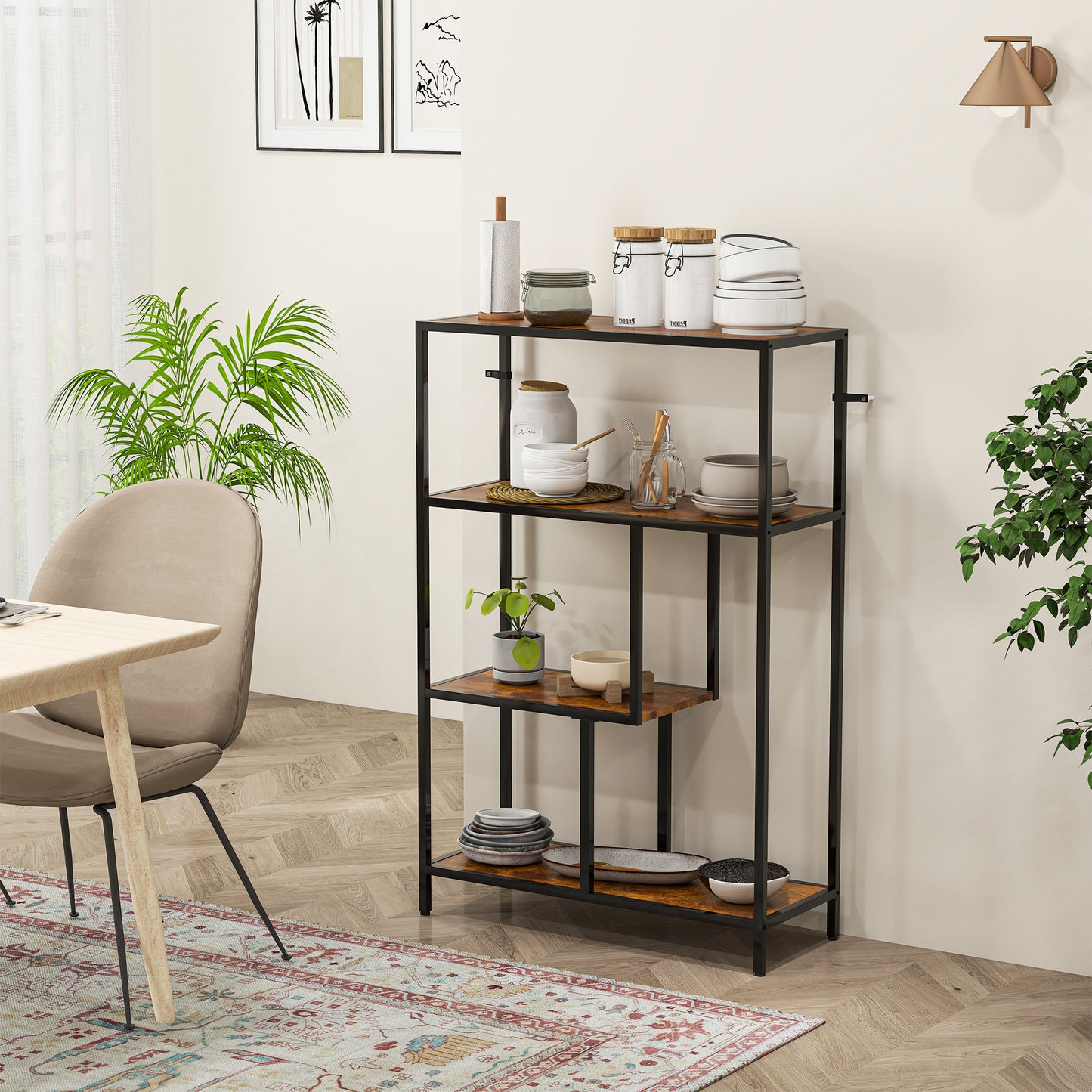 HOMCOM 4 Tier Bookshelf With Open Shelves Rustic Brown Wood Finish Black Frame Industrial Style Storage