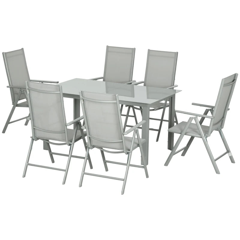 Outsunny 7-Piece Garden Dining Set - Outdoor Table and 6 Folding Reclining Chairs with Aluminium Frame, Tempered Glass Top Table, Texteline Seats - Grey | Stylish Patio Furniture Ensemble - ALL4U RETAILER LTD