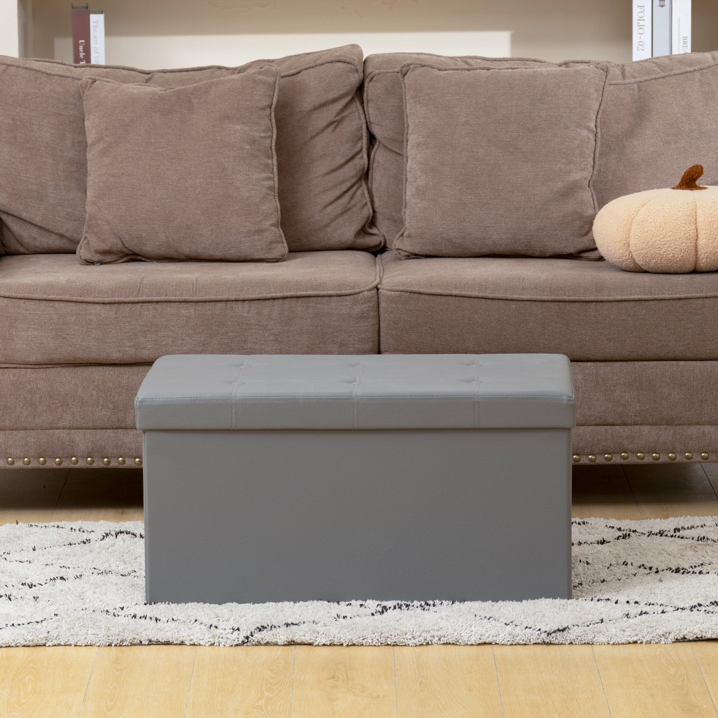 HOMCOM Storage Ottoman Bench 89L PU Leather Folding Foot Rest Stool End Bed Bench For Living Room Bedroom Entryway Grey