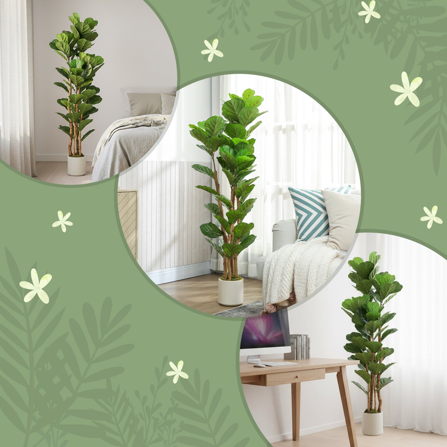 Homcom 150cm Artificial Fiddle Leaf Fig Tree Lifelike Green Leaves With Natural Wood Stem Maintenance Free Indoor Plant