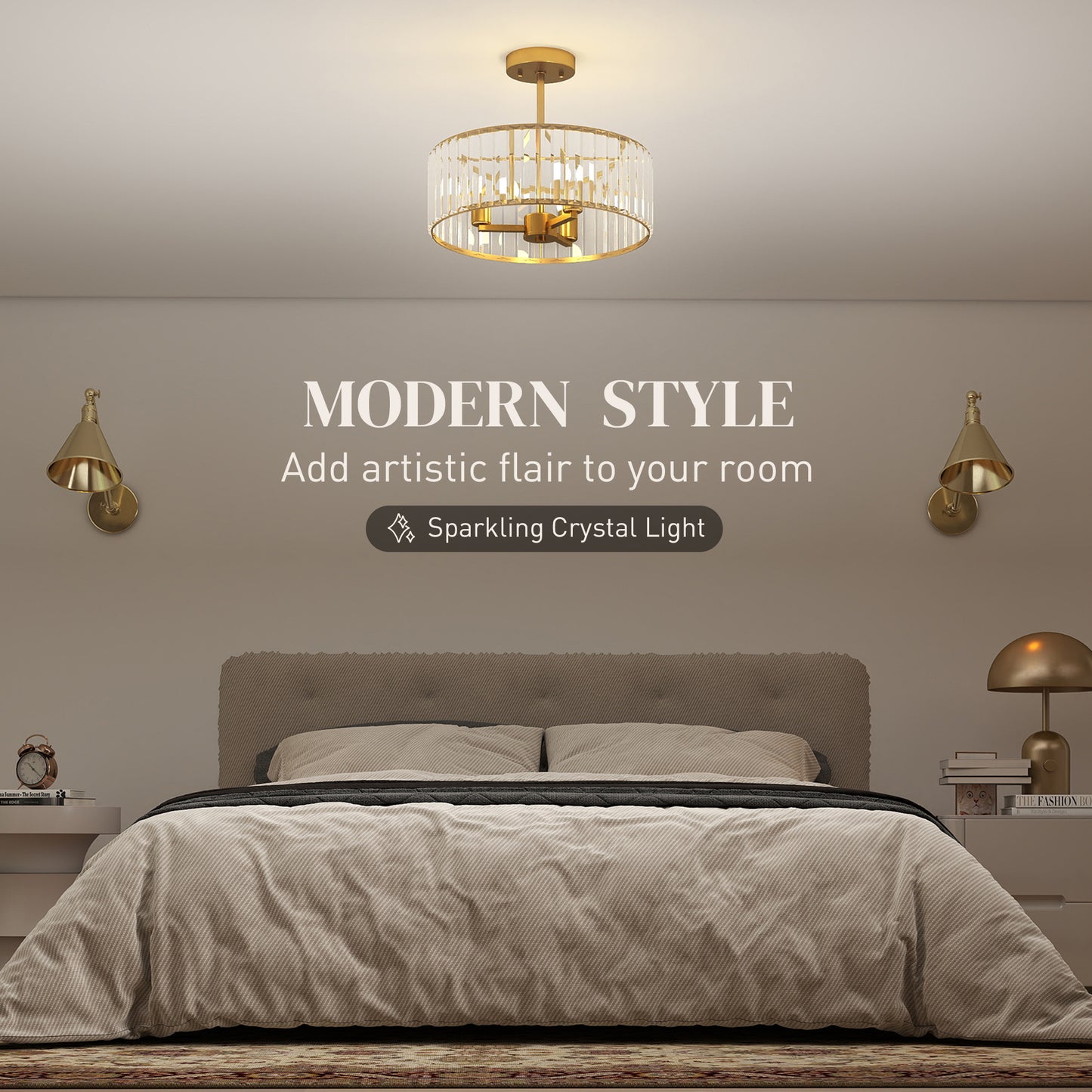 HOMCOM Crystal Ceiling Light Fixture Semi Flush Mount Modern Crystal Chandelier E14 Base 3 Lights Gold Tone