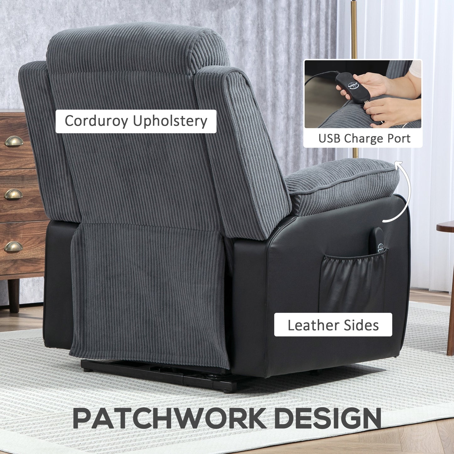 HOMCOM Overstuffed Corduroy Electric Lift Chair Dark Grey with USB Port and Recline to 150 Degrees