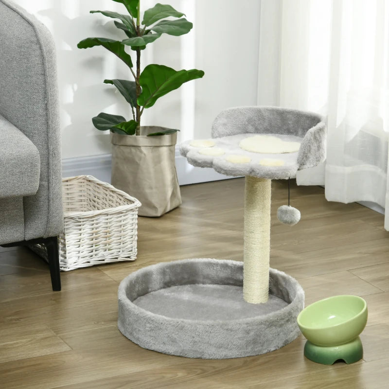 PawHut 44cm Light Grey Cat Tower, Indoor Cat Tree with Sisal Scratching Post and Toy Ball - ALL4U RETAILER LTD