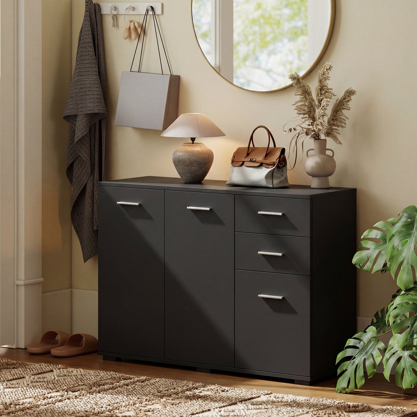 HOMCOM Modern Black Sideboard Storage Cabinet With 2 Drawers 3 Doors And Adjustable Shelves Flat Top