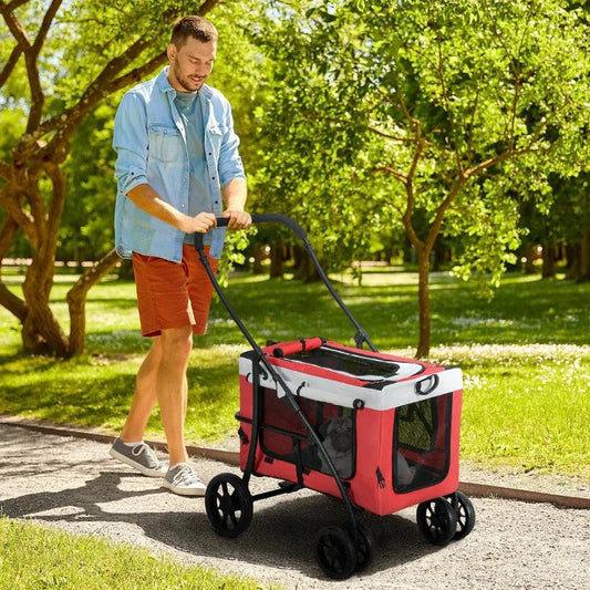PawHut Foldable Dog Stroller with Detachable Carrier, Pet Travel Crate, Soft Padding - Ideal for Mini and Small Dogs - Red - ALL4U RETAILER LTD