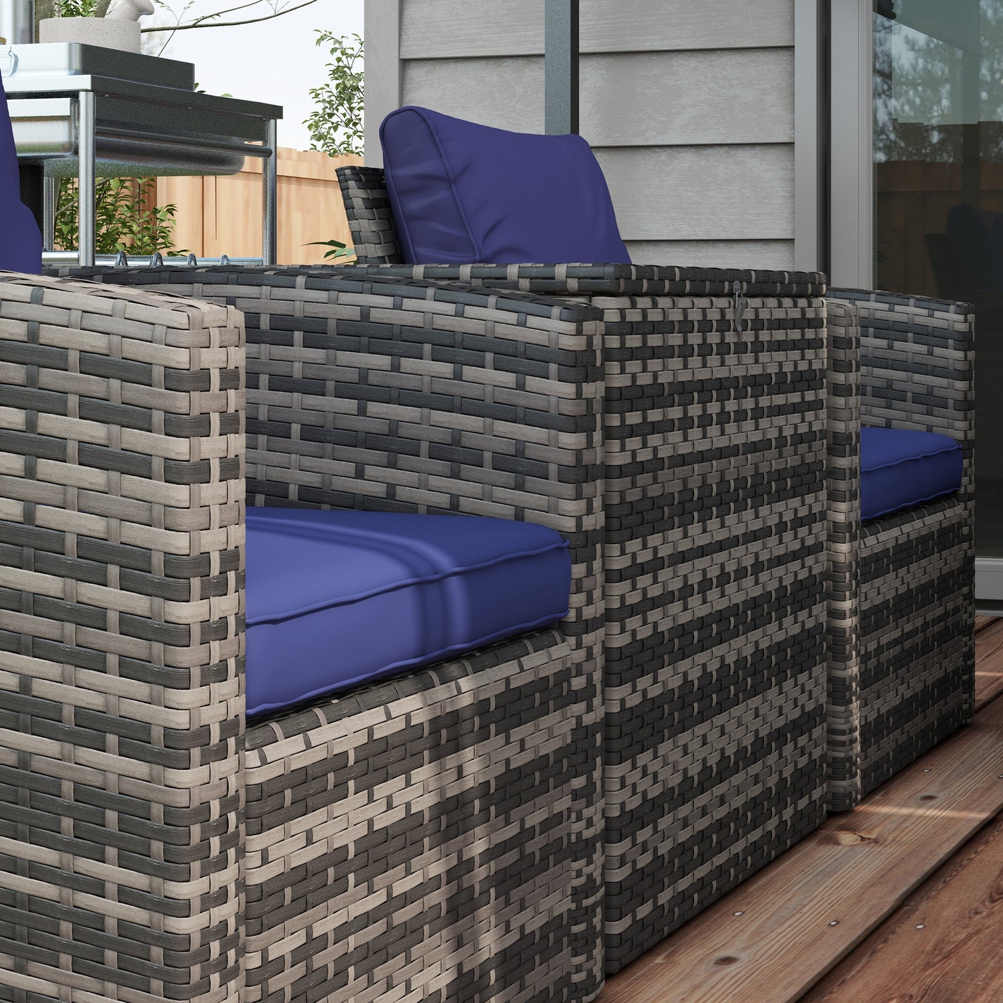 Outsunny 6 Piece Rattan Garden Furniture Set 7 Seater Navy Blue Wicker Sofa With Storage Tea Table And Side Table