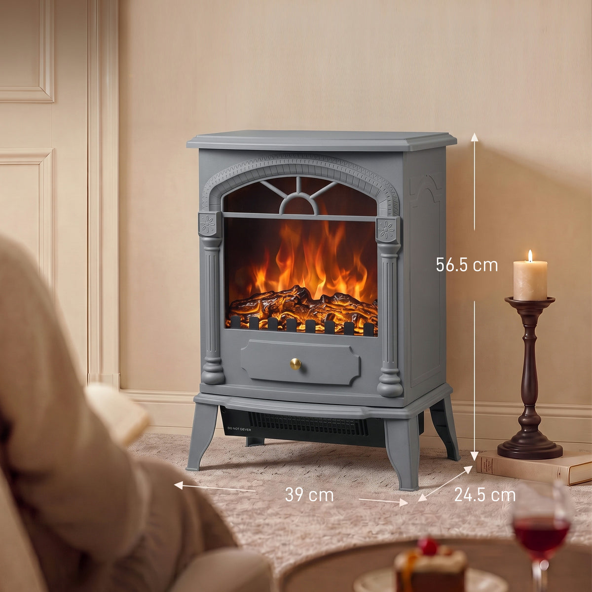 Homcom Electric Fireplace Heater With 3D Flame Effect Adjustable Thermostat Grey