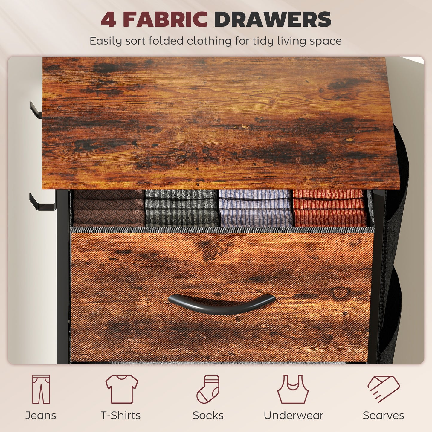HOMCOM Chest Of Four Fabric Drawers With Steel Frame And X Shaped Support Bars For Bedroom Storage Rustic Brown