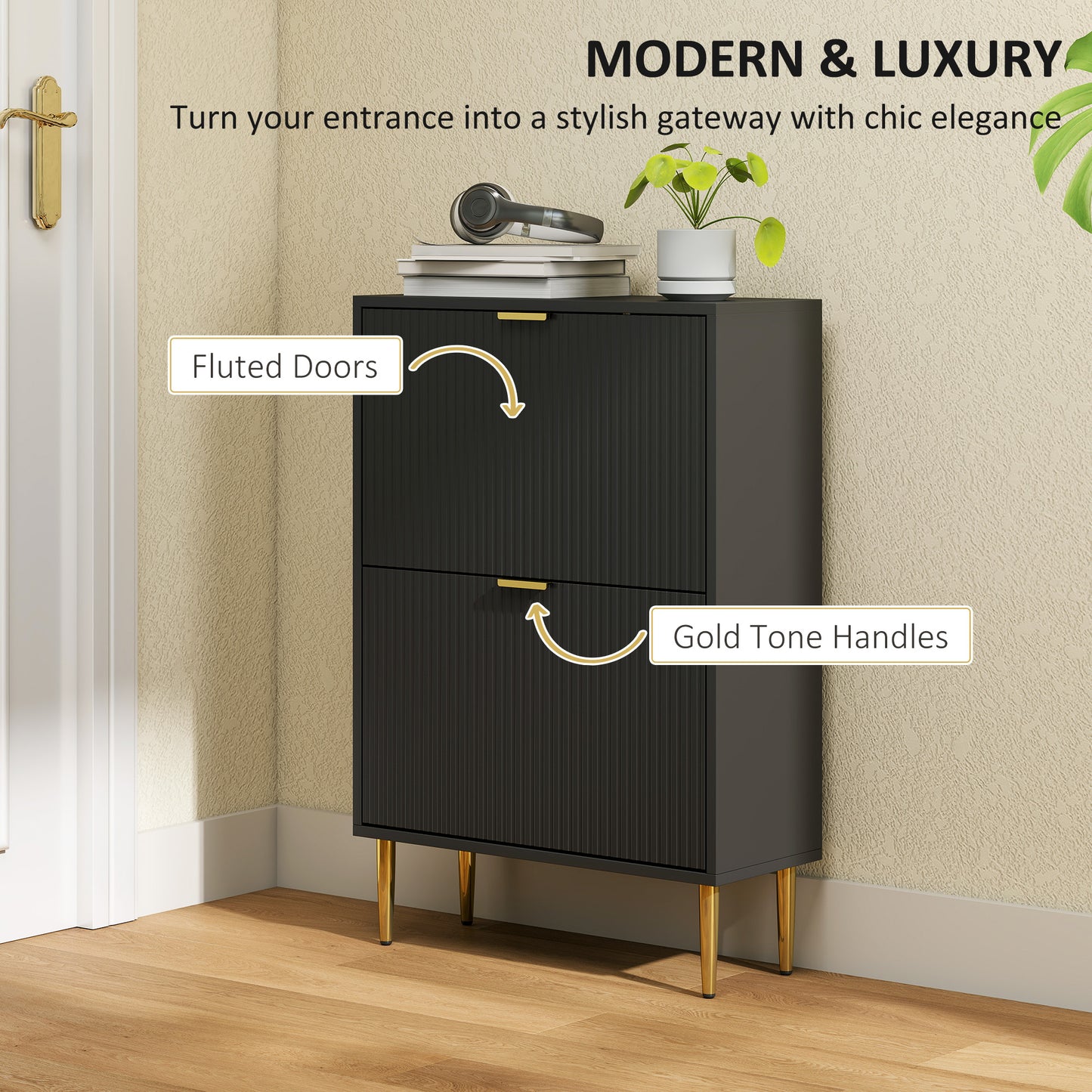 HOMCOM Elegant White Two Drawer Shoe Cabinet With Gold Accents And Adjustable Shelves