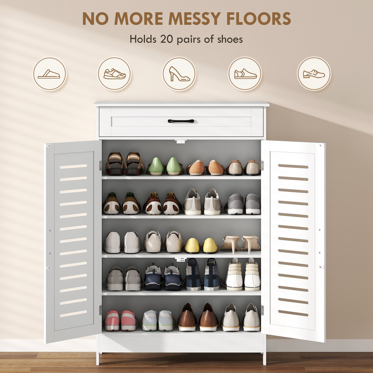 HOMCOM White Shoe Cabinet With Louvered Doors And Adjustable Shelves Modern Storage With Drawer