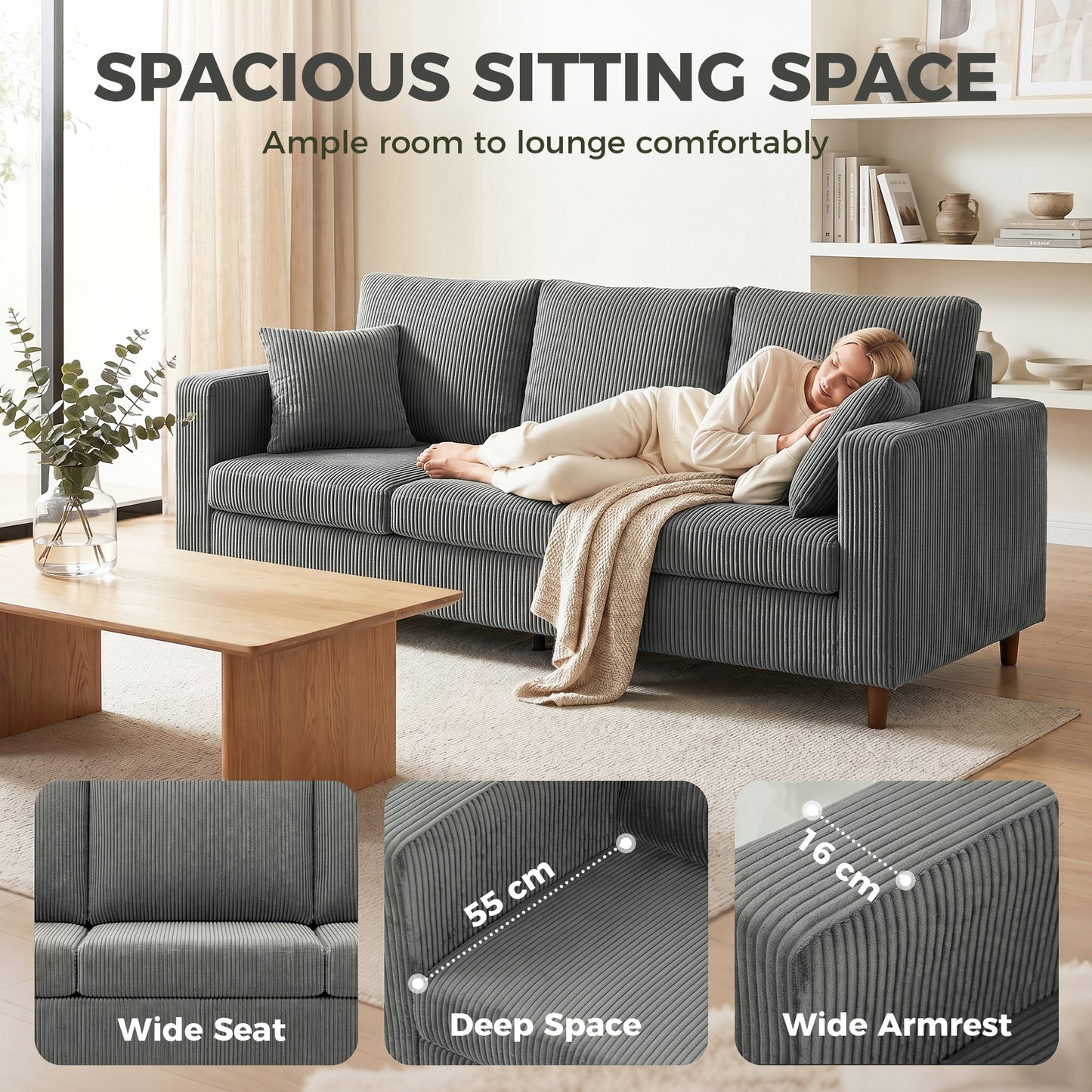 HOMCOM Three Seater Sofa With Wide Deep Seat Corduroy Upholstery Pocket Spring Cushion Support In Light Grey