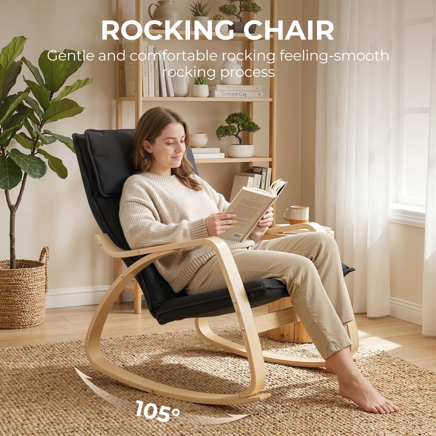 HOMCOM Rocking Lounge Chair With Headrest Black Linen Look Fabric Adjustable From 47 Cm