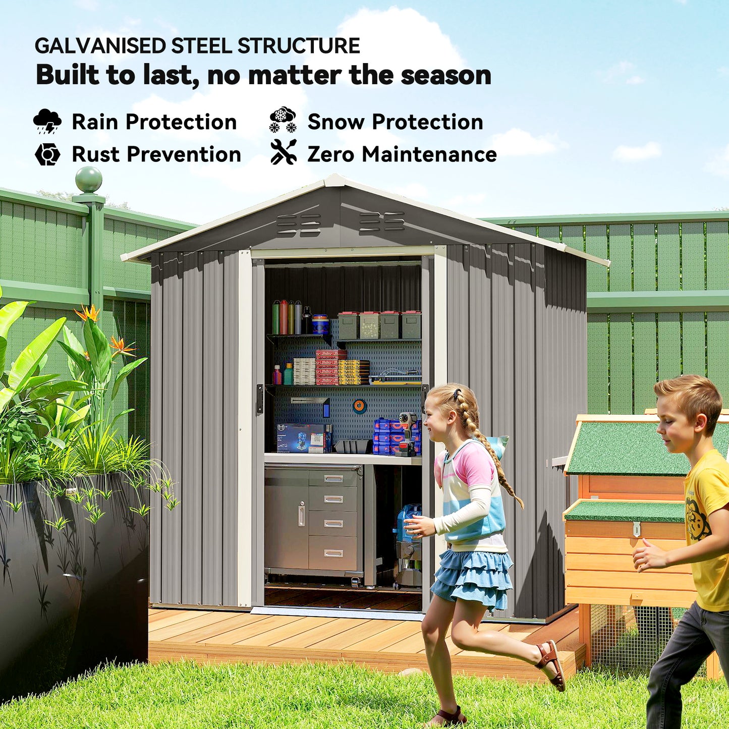Outsunny 6.5 By 3.5 Feet Galvanised Steel Garden Storage Shed With Double Sliding Doors Light Grey