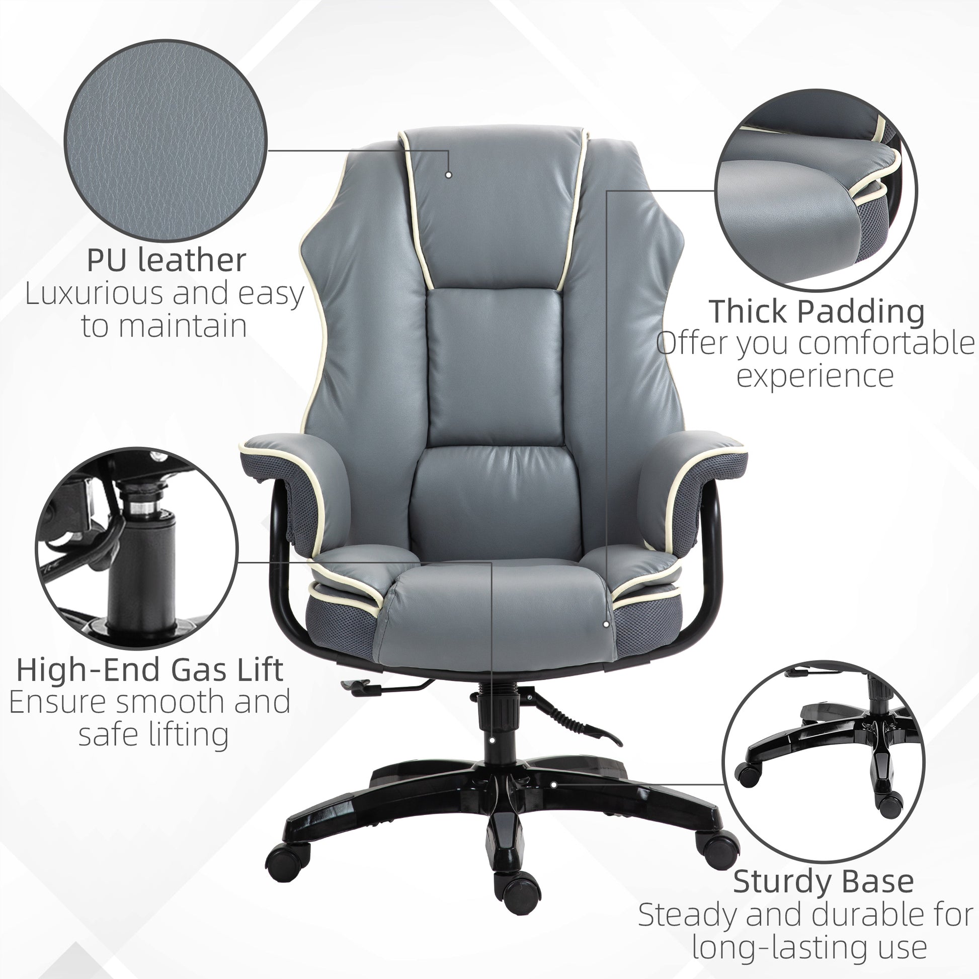 Vinsetto Grey PU Leather High Back Reclining Desk Chair with Swivel Wheels for Home Office - ALL4U RETAILER LTD