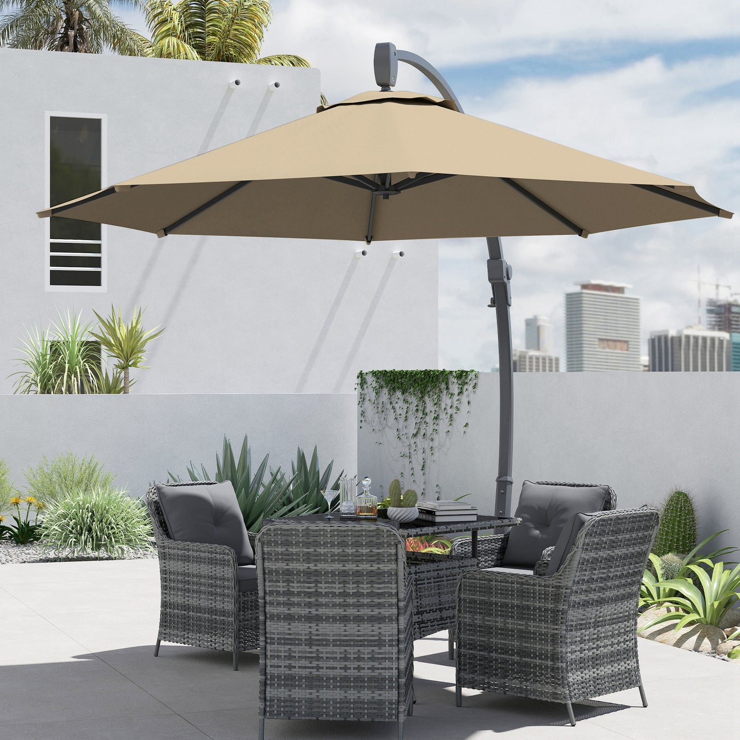 Outsunny 3M Garden Cantilever Parasol With Crank Round Umbrella Aluminium Frame Cross Base 360 Rotation Khaki