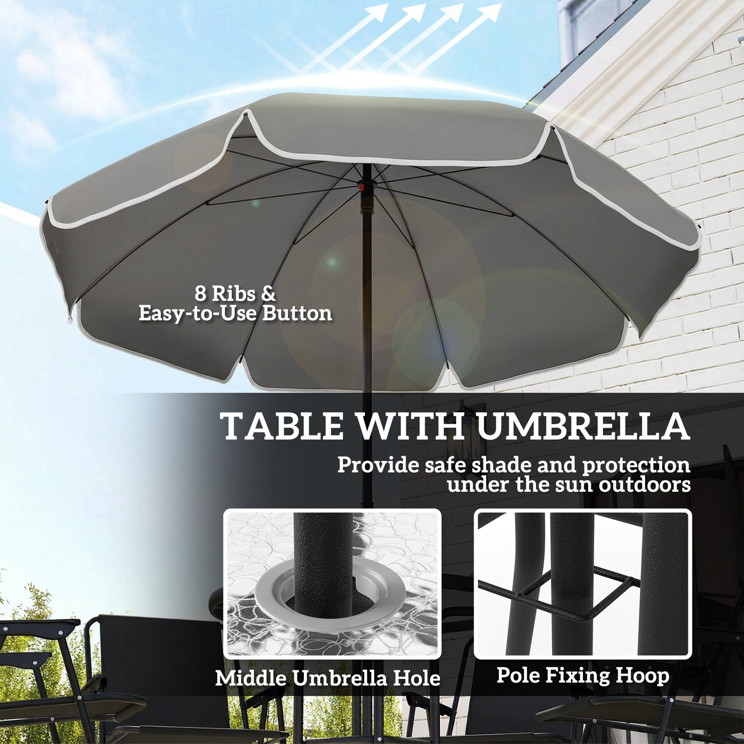 Outsunny 4 Seater Round Table Garden Furniture Set With Folding Chairs Parasol 6 Piece For Patio Black