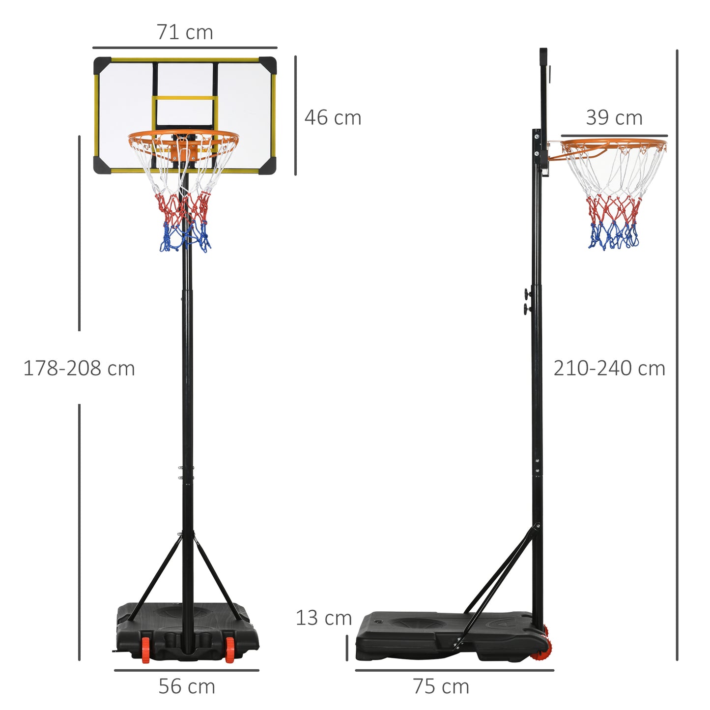 Adjustable Portable Basketball Hoop with Weighted Base and Wheels - Yellow