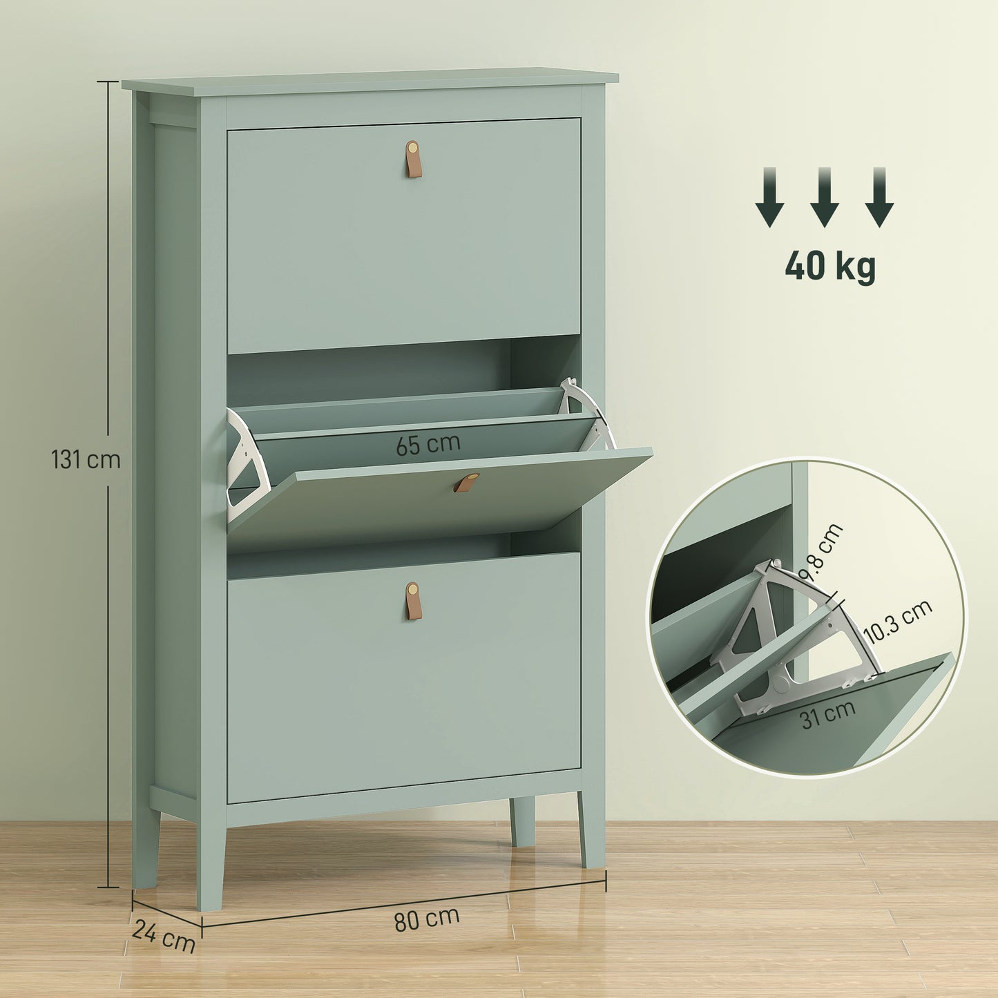HOMCOM Slim Modern Three Drawer Shoe Cabinet in Green Holds 21 Pairs of Shoes for Neat Entryway Organization