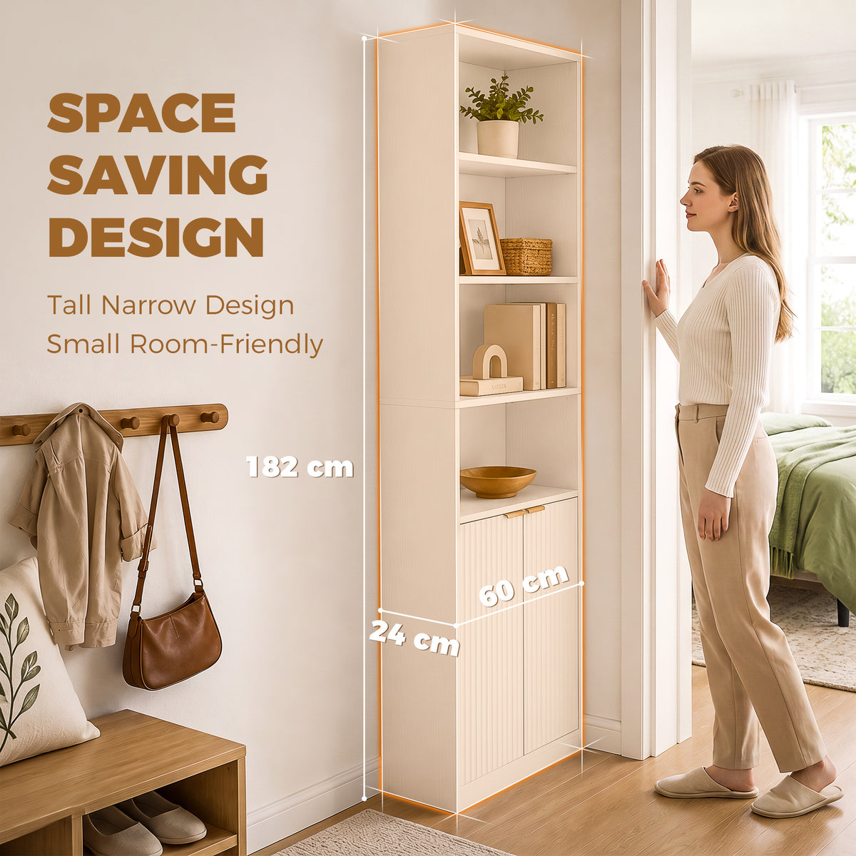 White narrow tall bookcase cabinet with open shelves, next to wall and doorway.