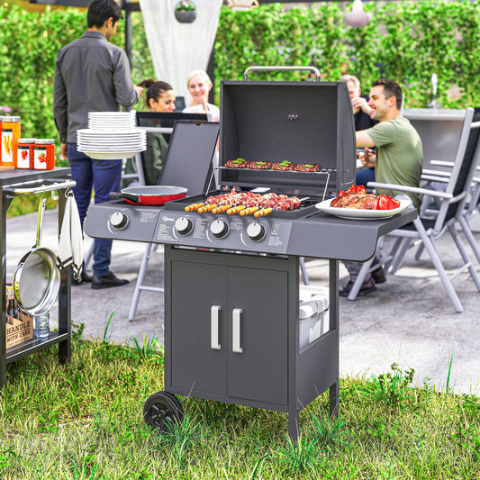 Outsunny 3 Plus 1 Burner Gas Bbq Grill With Trolley Wheels Cabinet Side Shelves Warming Rack And Thermometer