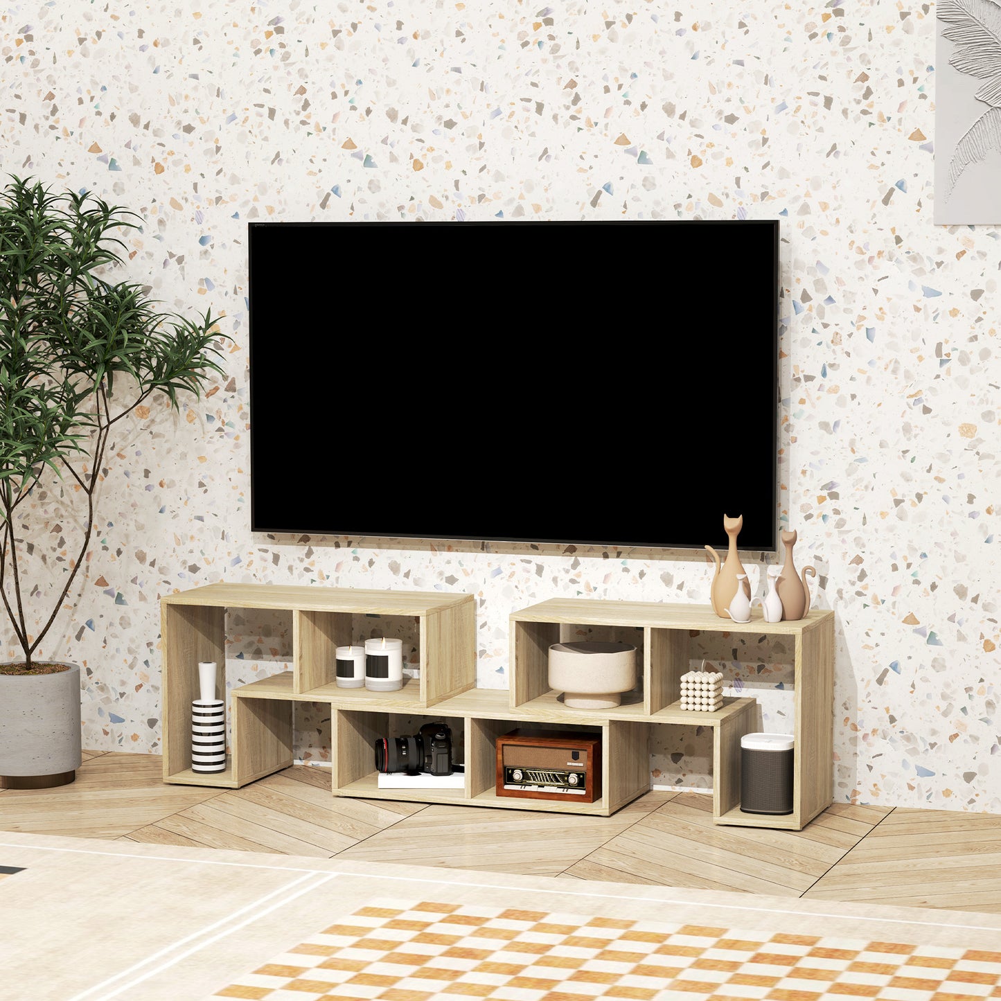 HOMCOM Three Block Modular TV Stand Grey Wood Effect with Six Shelves for Up to 75 Inch TVs