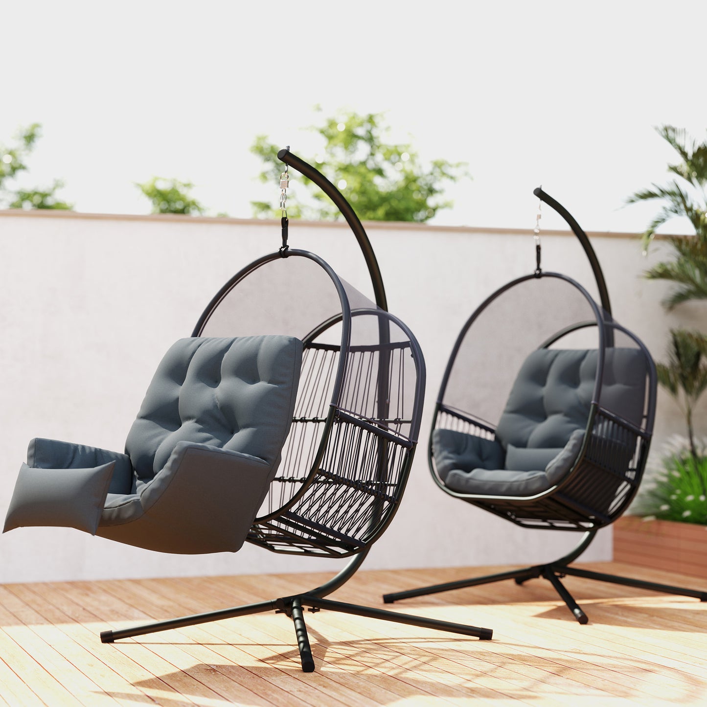 Outsunny Hanging Egg Chair With Cushion For Outdoor Relaxation In Dark Grey With Powder Coated Steel Frame X Leg Design