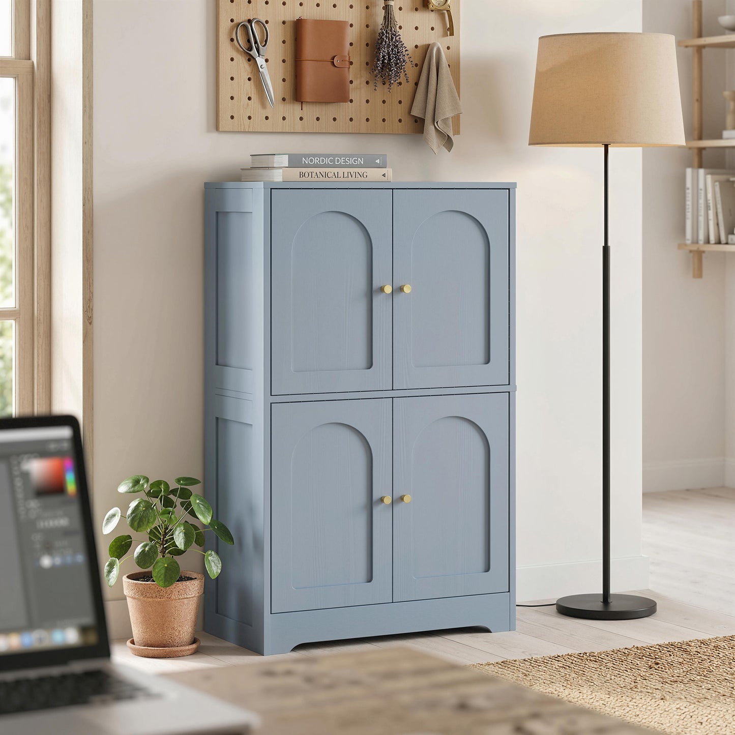 HOMCOM 4 Door Kitchen Storage Cabinet With Adjustable Shelves Grey Arched Door Panels And Gold Tone Handles