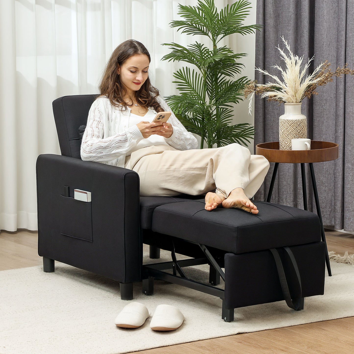 HOMCOM Linen Look 3 In 1 Single Chair Bed With 11 cm Thick Adjustable Back And Eucalyptus Wood Frame Black