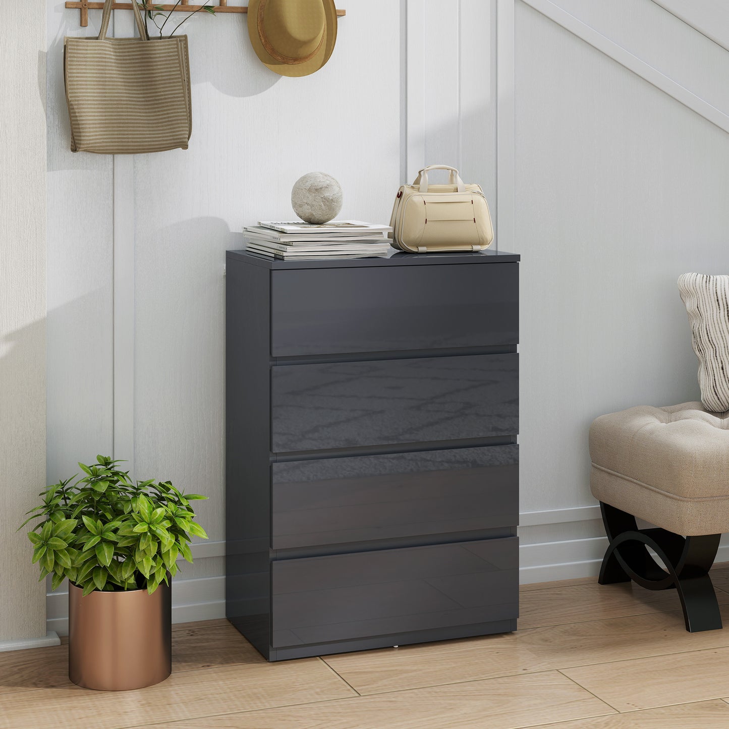 HOMCOM High Gloss Chest Of Drawers 4 Drawer Storage Cabinet Modern Bedroom Dresser Grey