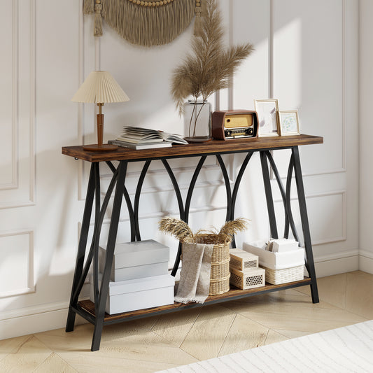 HOMCOM Narrow Console Table Industrial 2 Tier Sofa Table With Metal Frame Entryway Living Room 120x30x80 cm Rustic Brown