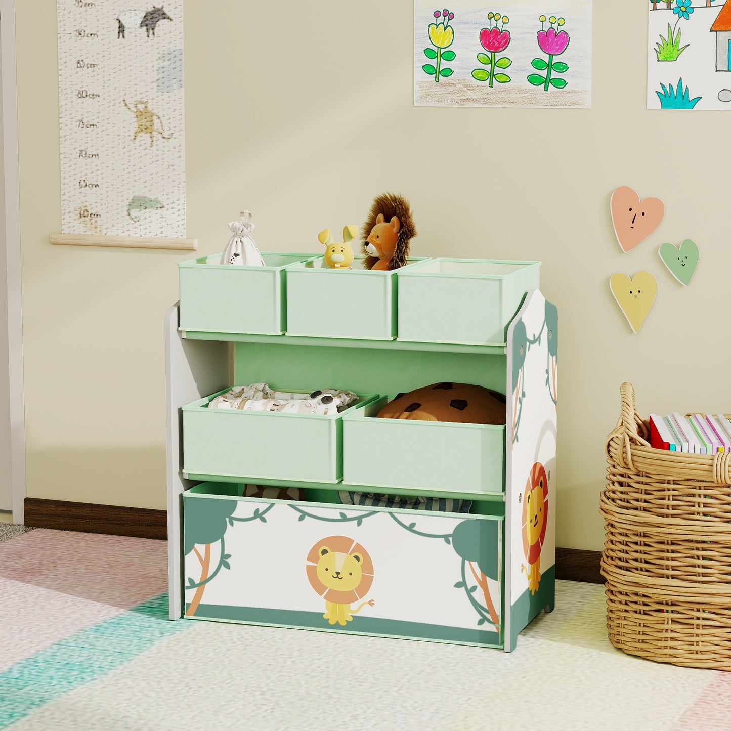 AIYAPLAY 3 Tier Kids Toy Storage Units With Six Removable Boxes Toy Organizer Shelf For Bedroom And Playroom Green