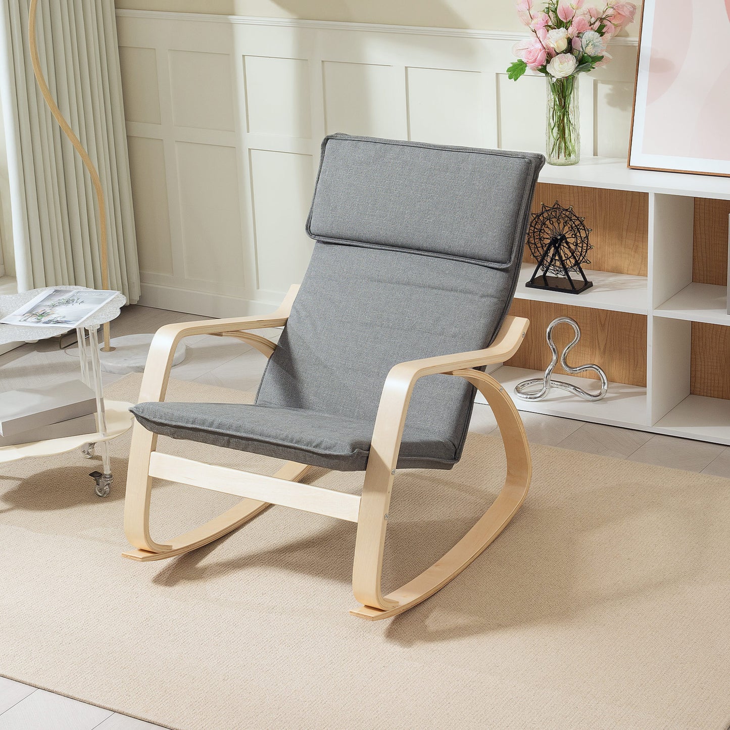 HOMCOM Comfortable Rocking Chair Upholstered Lounge Chair Recliner With High Back And Headrest Grey