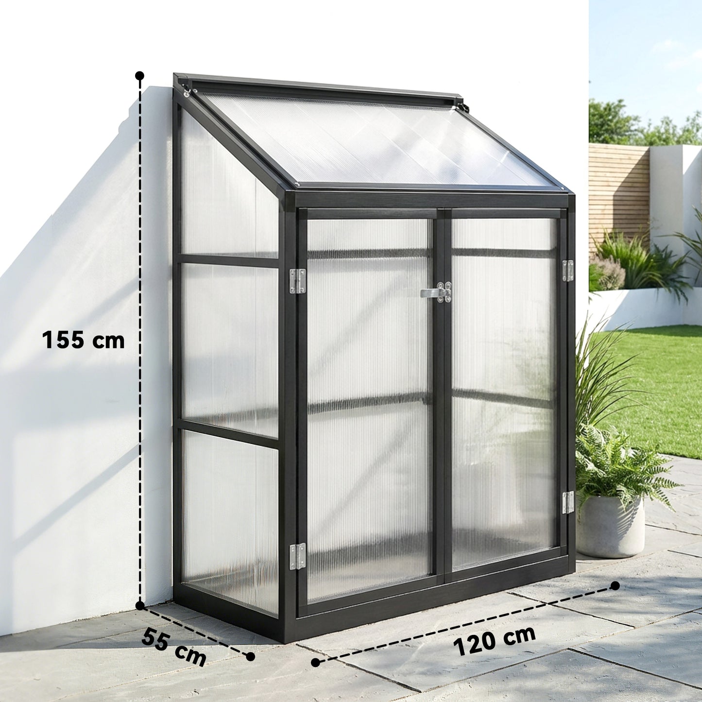 Outsunny Polycarbonate Greenhouse With Hinged Door And Top Vent For Small Patio 4x2ft Black Lean To Walk In