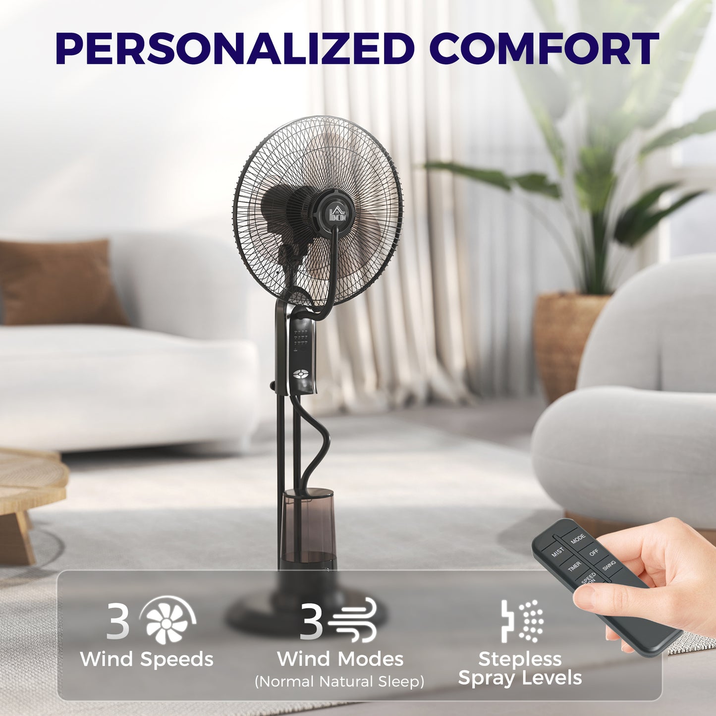 Homcom Pedestal Misting Fan With Water Spray 70 Degree Oscillation Tilt Head 3 Speeds 3 Modes Adjustable Mist 3.2L Tank