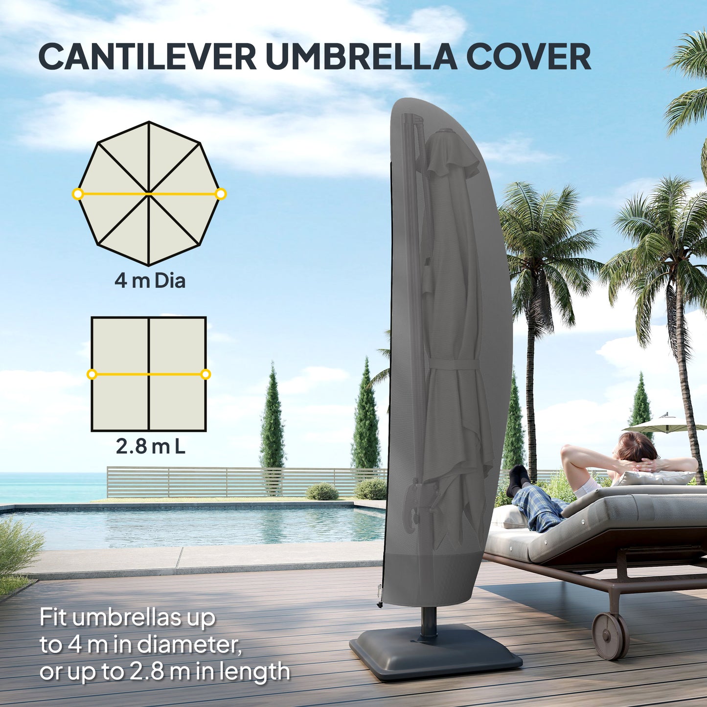 Outsunny Cantilever Umbrella Cover 2 To 4m 300D Oxford Shield With Zipper For Outdoor Garden Patio Black
