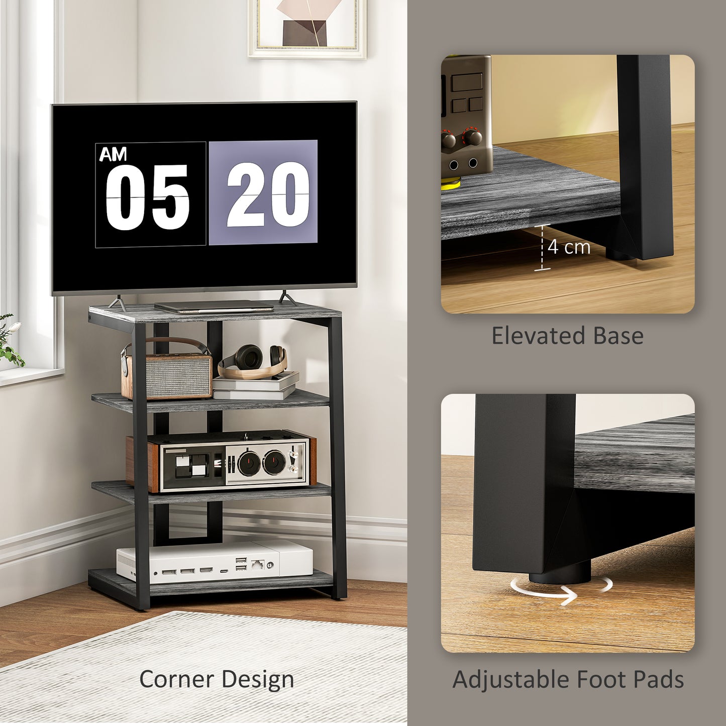 HOMCOM HiFi Stand With Four Storage Shelves In Dark Grey Adjustable Middle Shelves And Sturdy Steel Frame