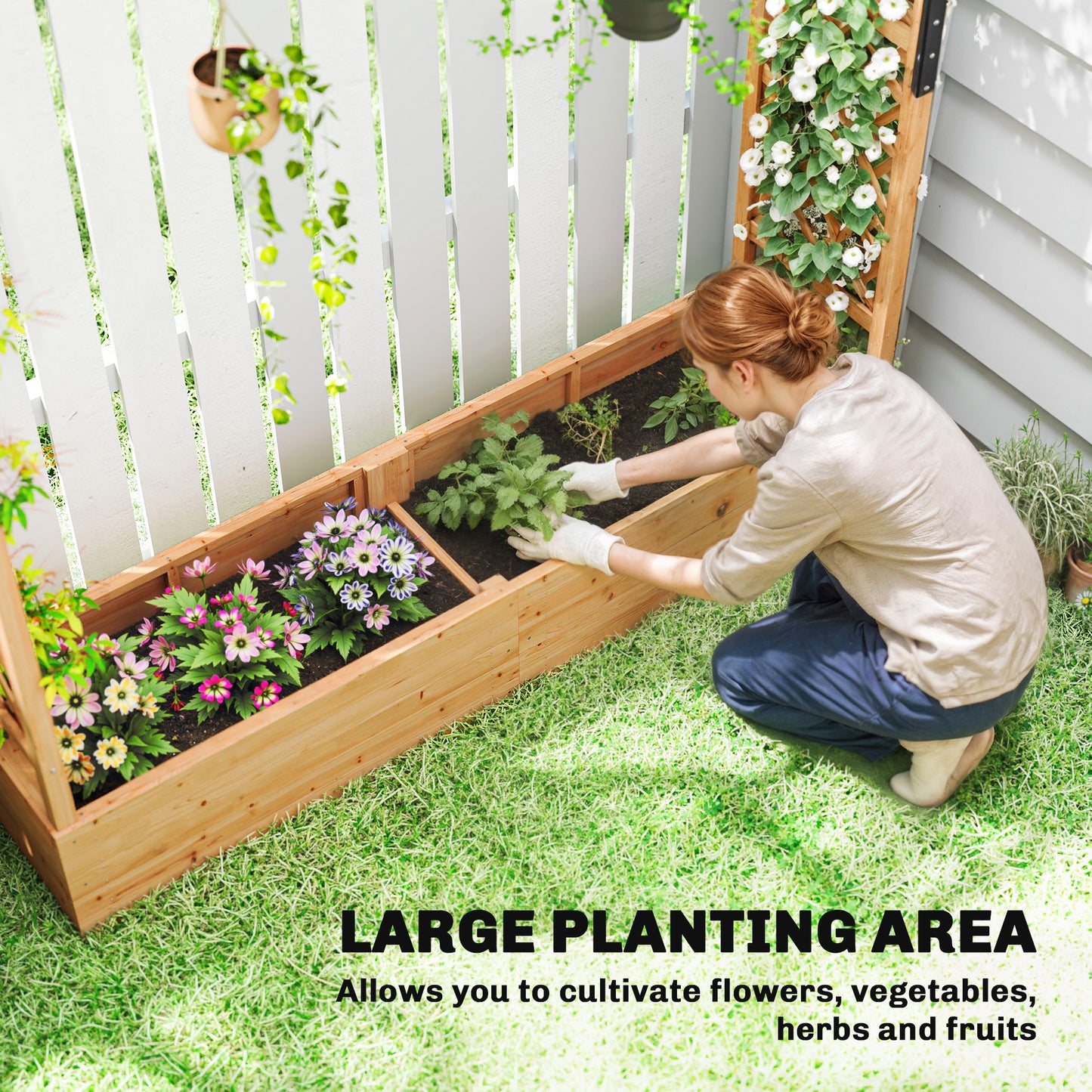 Outsunny Fir Wood Planter and Trellis Garden Bed 171 x 39 cm with Dual Side Trellises for Climbing Plants