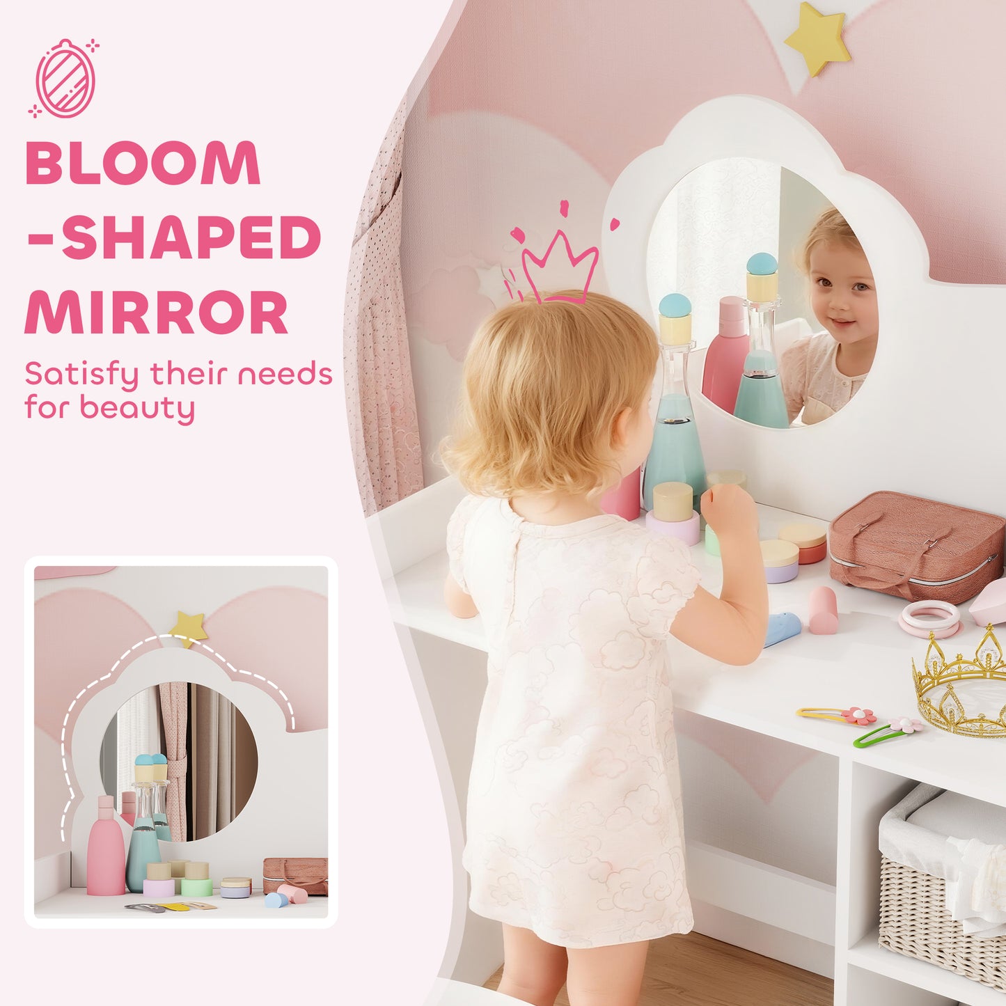AIYAPLAY Kids Dressing Table With Mirror And Stool Vanity Table With Shelves For Ages 3 To 8 White