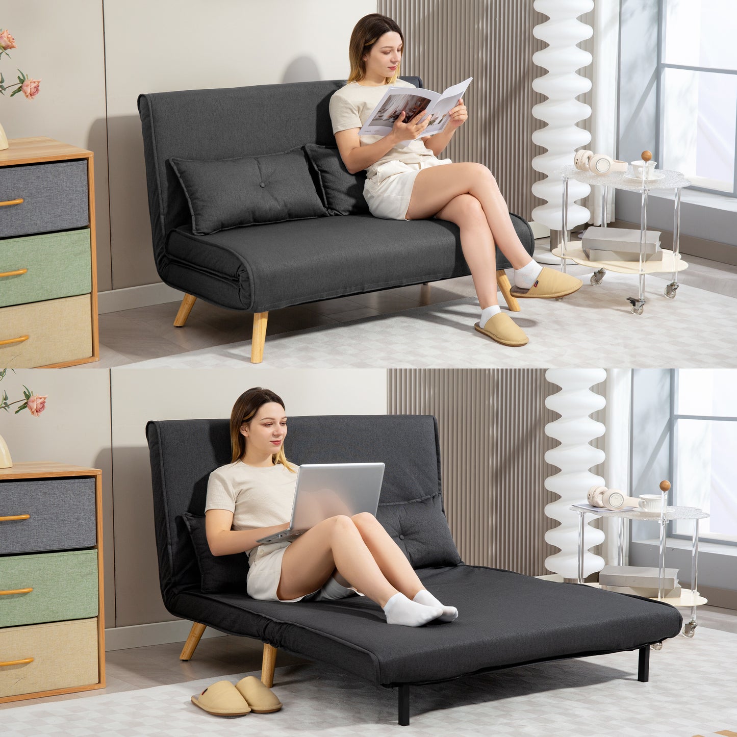 Homcom Two-Seater Linen-Look Sofa Bed Charcoal Grey With Click-Clack Mechanism For Day To Night Comfort