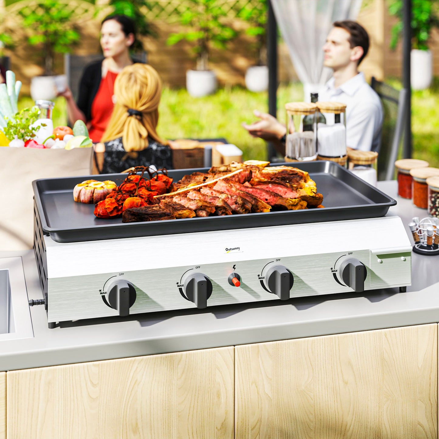 Outsunny Four Burner Portable Gas Grill With Pull Out Grease Box And Adjustable 2.4kW Burners