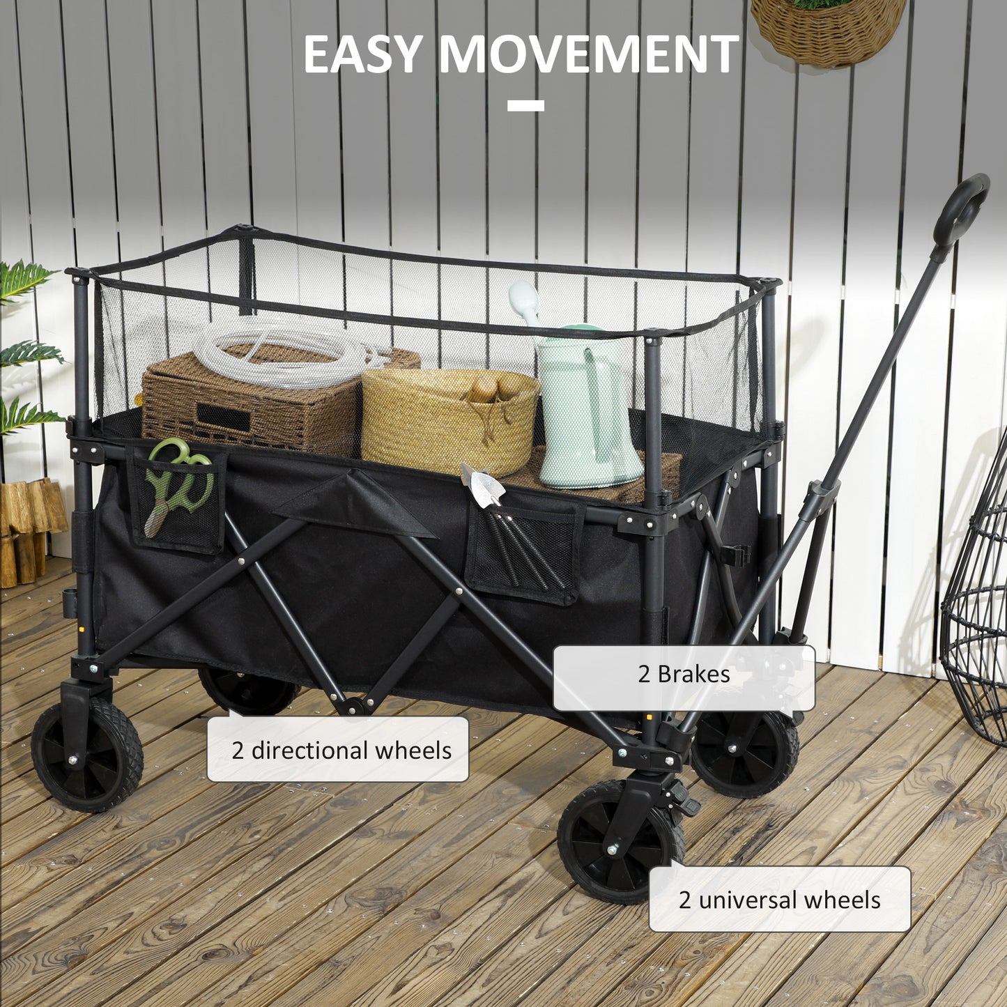 Outsunny Versatile Folding Garden Trolley - 180L Capacity Wagon Cart with Extendable Sides for Beach, Camping & Festivals - Black - ALL4U RETAILER LTD