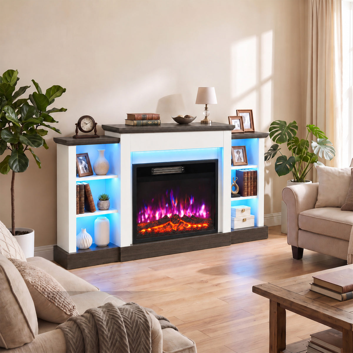 Electric fireplace TV stand with RGB LED lit shelves, dark mantel and front fire window