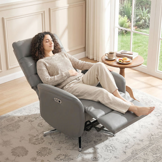 Dark grey power recliner swivel chair with extended footrest and armrest controls